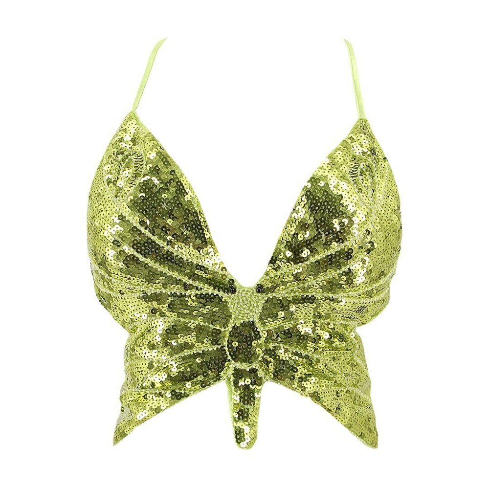 6150 ’s Sexy Butterfly Shape Sequin Crop Top Bandage Lace up Tank Top Belly